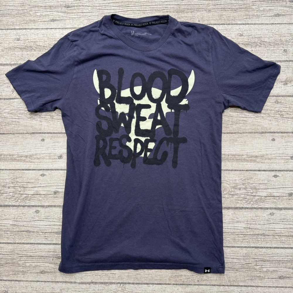Under Armour T Shirt Men's Small Blue Loose Fit Blood Sweat Respect Project Rock